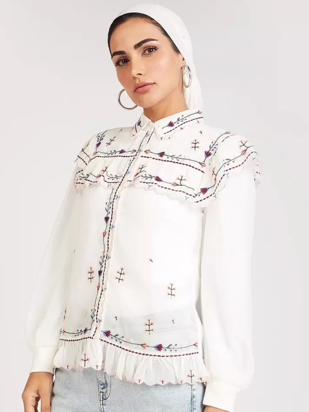 Splash White Embroidered Ruffle Yoke Blouse with Multi-Color Accents Size 10